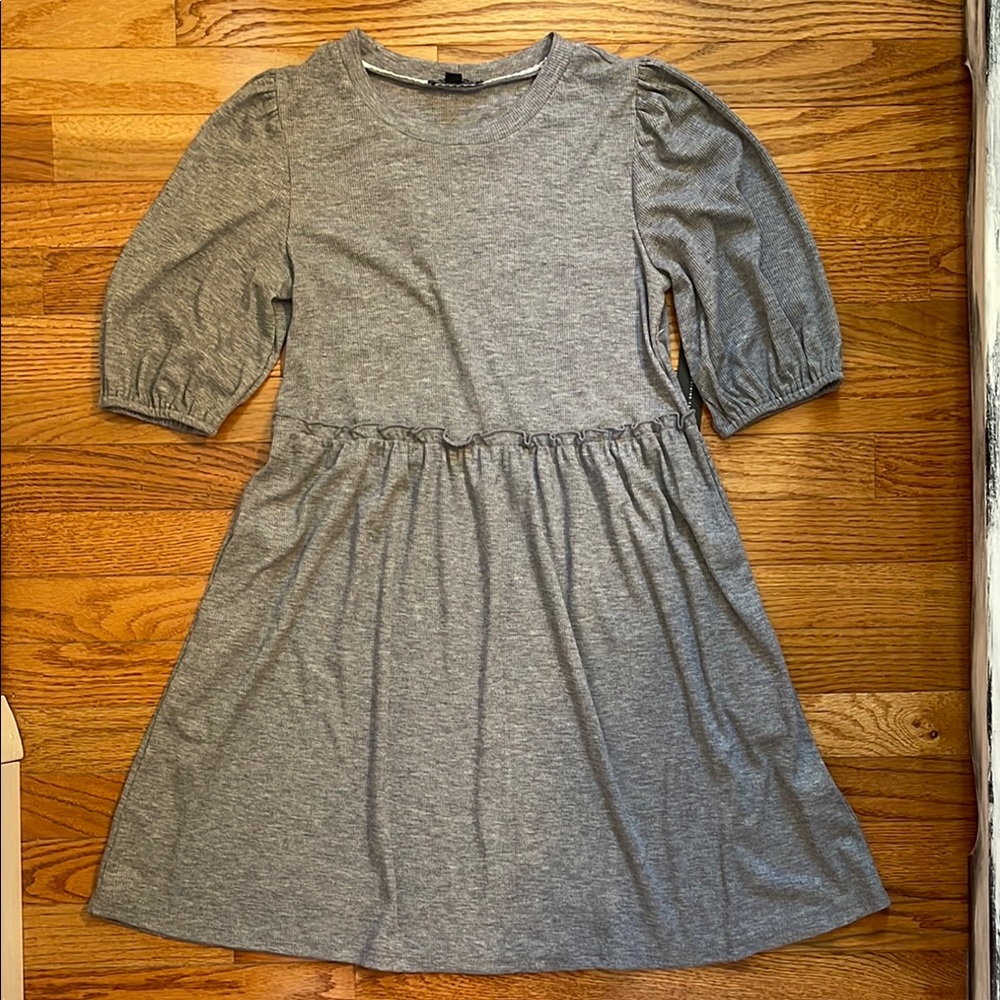 NWT As U Wish Gray A-Line Puff Sleeve Ribbed Dress